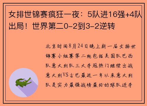 女排世锦赛疯狂一夜:5队进16强+4队出局!世界第二0-2到3-2逆转 女排世锦赛疯狂一夜:5队进16强+4队出局!世界第二0-2到3-2逆转